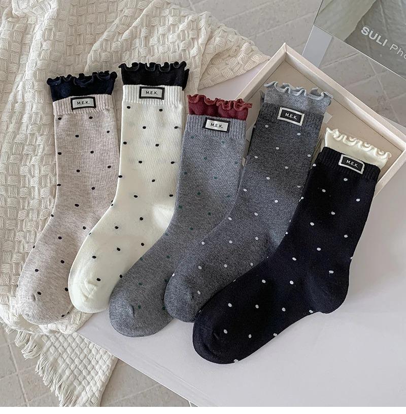 Women’s Cute Dotted Frilly Socks Soft Cotton Breathable Casual Fashion Preppy Style Long Socks Comfy Novelty Socks