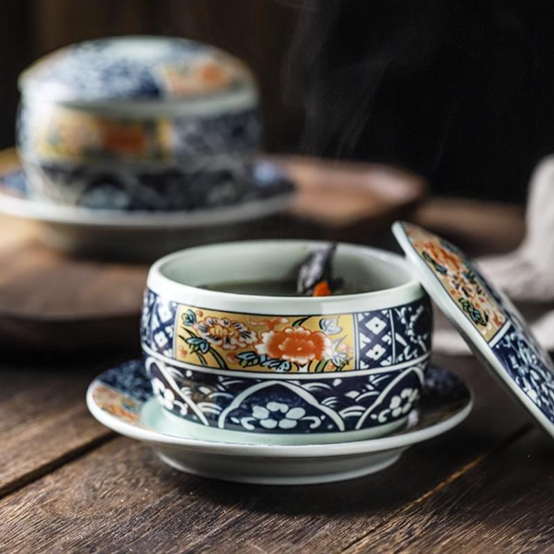 Kitchen Supplies, Ceramic Bowls, Hand-painted Blue and White Porcelain Soup Bowls, Steamed Egg Bowls with Lids, Tableware