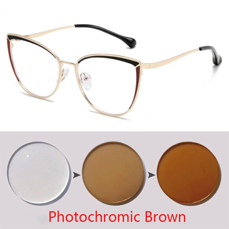 Anti-blue Light Cat Eye Prescription Spectacle Women Myopia Lens Photochromic Eyeglasses Diopter 0 -0.5 -0.75 -1.0 -2.0 To -6.0