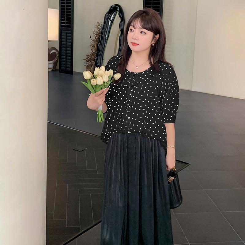French temperament round neck polka dot shirt summer new niche shoulder sleeves thin cool top 261518