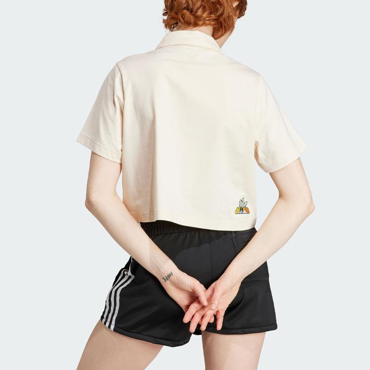 Adidas Originals Cropped Polo Shirt Cartoon Logo Embroidery Detail Sports Short Sleeve Polo Women Tops Wonder-White IN4141