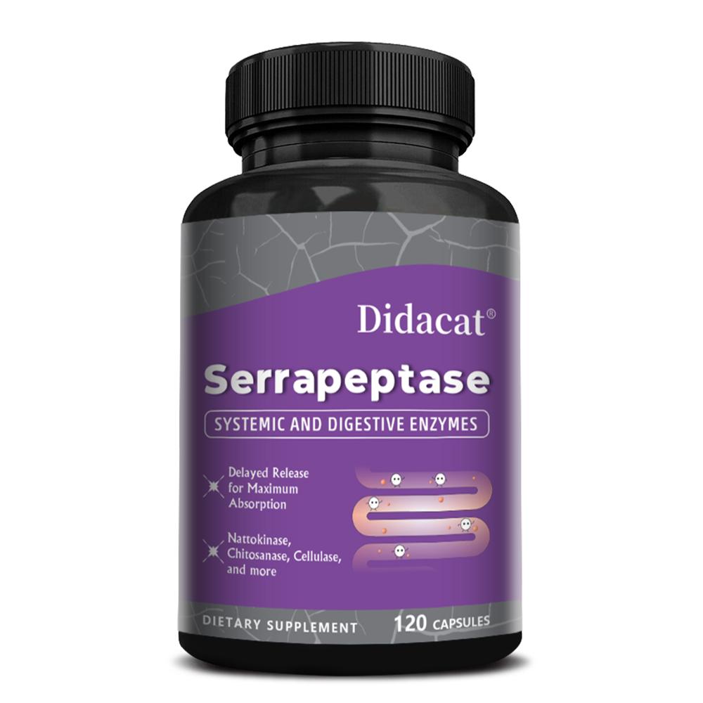 Doplněk Serrapeptáza, S Nattokinázou, Proteázou, Hemicelulázou, 120 kapslí v lahvičce 120 Capsules black