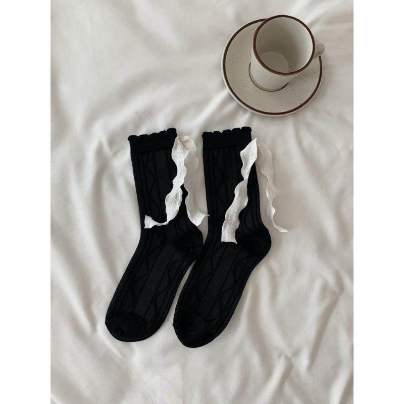 

Girls Twisted Ribbon Mid-calf Socks, Sweet Princess-style Long Cotton Socks, Lace Girls Pile Socks 1 pair чорний