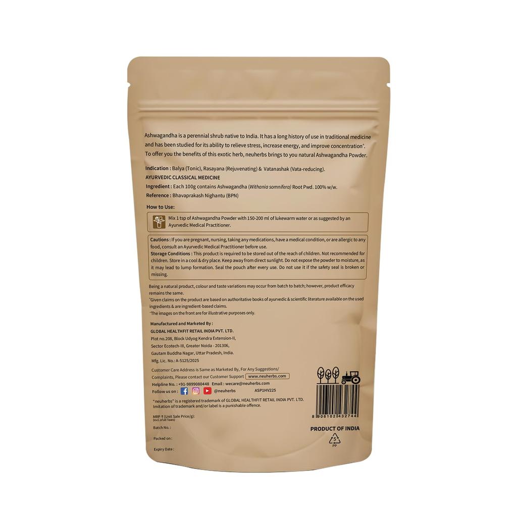 Neuherbs Ashwagandha Powder Organic Herbal Supplement For Natural Stress Relief Energy Strength And Calmness 100 g