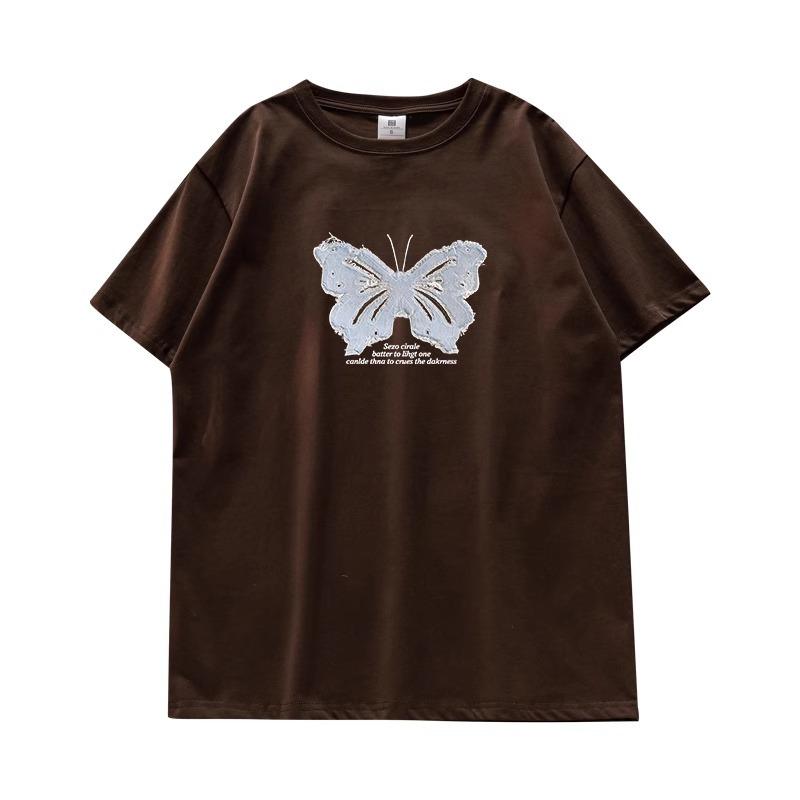 Butterfly Short-sleeved T-shirt Women's Summer New Design Sense Niche French Sweet Top Korean Chic Pure Cotton Half-sleeve