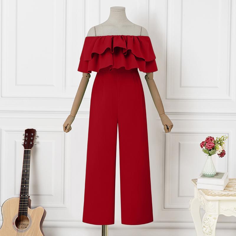 

Летние женские длинные комбинезоны с оборками с холодными плечами