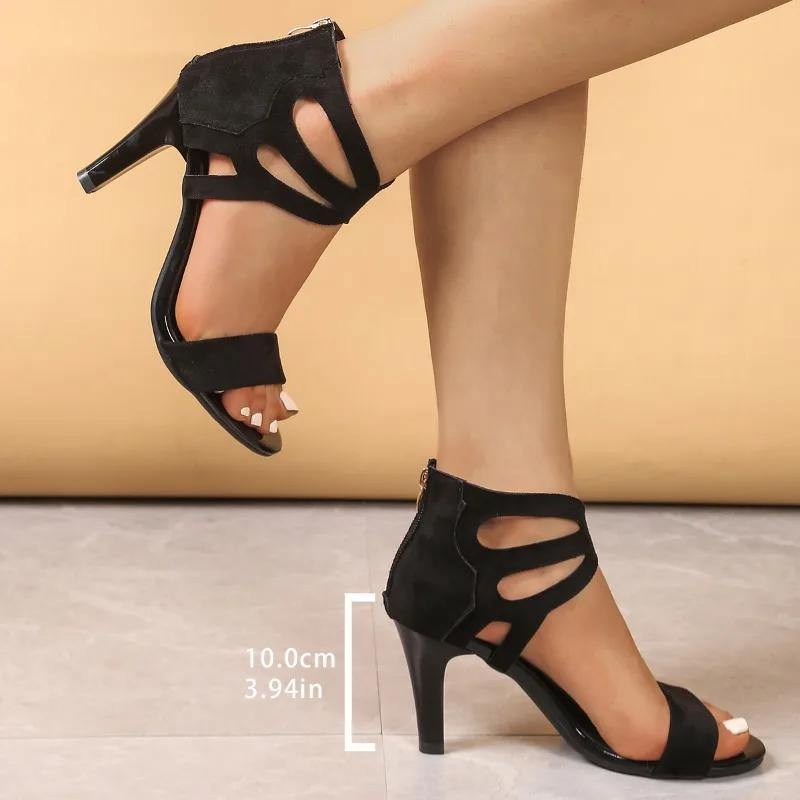 Fashion 2025 Summer Sexy Peep Toe Elastic Band Women High Heels Sandals New Back Zipper Cover Heeled Gladiator Shoe Pump Black