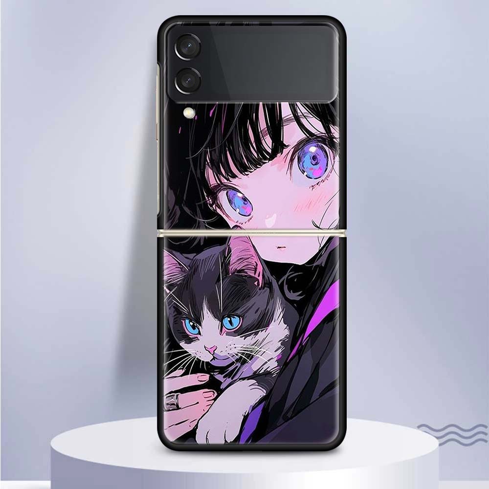 Süße Anime Ins Mädchen Tier Katze für Samsung Galaxy Z Flip 5 4 3 5G Telefon Fall schwarz Hard Cover ZFlip 5 4 3 Luxus stoßfest Bum