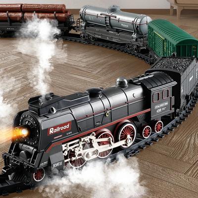 Duman Efektli, Işıklı ve Sesli Retro Buharlı Tren Seti, USB Şarj Edilebilir Noel Treni Raylı Setler Çocuklar İçin Tatil Hediyeleri