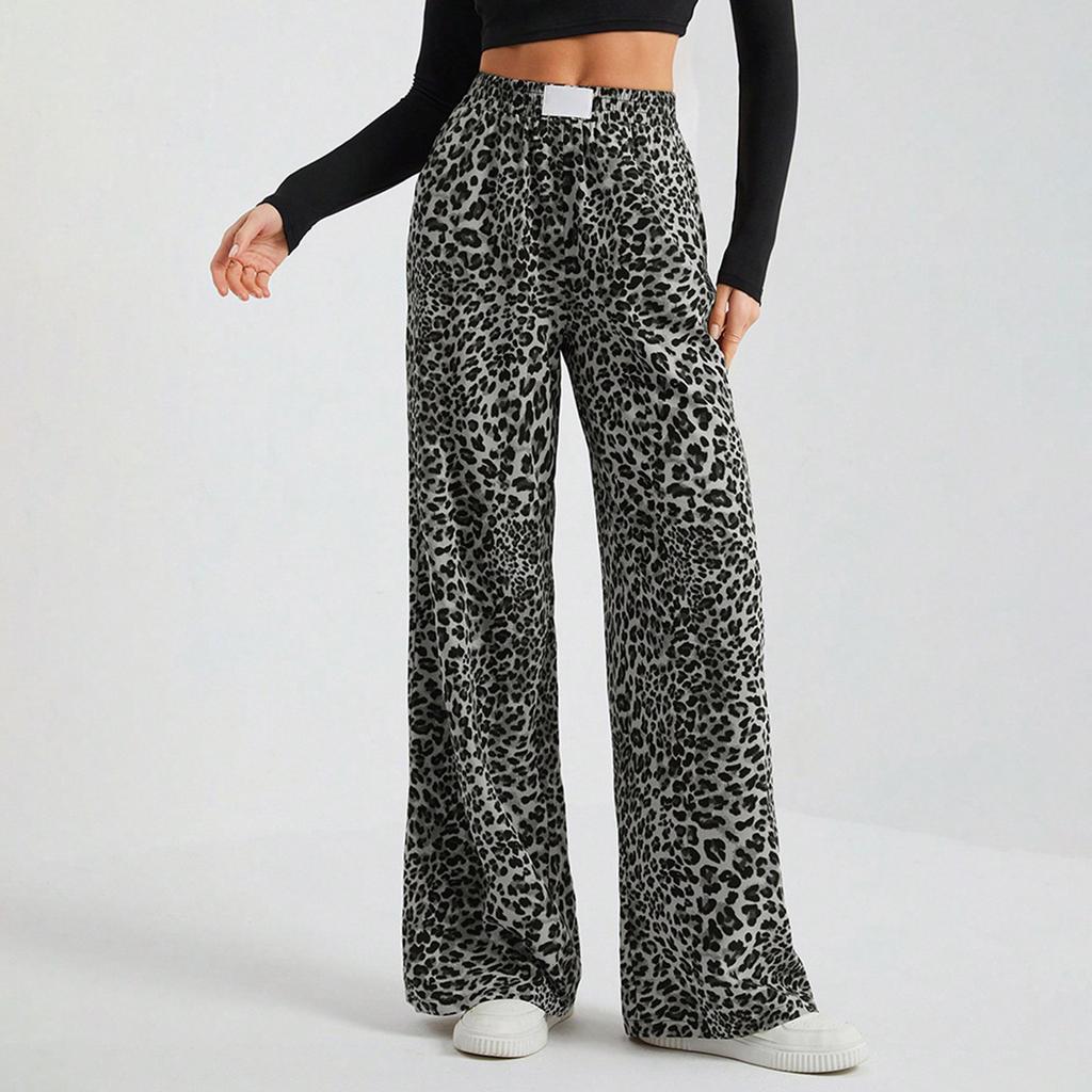 Women's Leopard Print High Waisted Wide Leg Trousers  Casual Straight Leg Pants