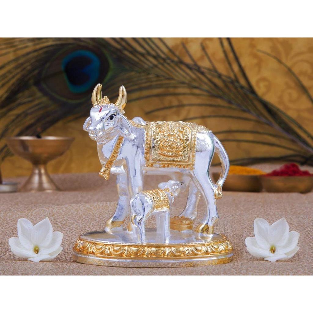 Kamdhenu Cow with Calf Idol Gold Silver Plated (Two-Tone)| Home Decor Gaay Bachda Cow |Calf for Vastu | Positive Energy