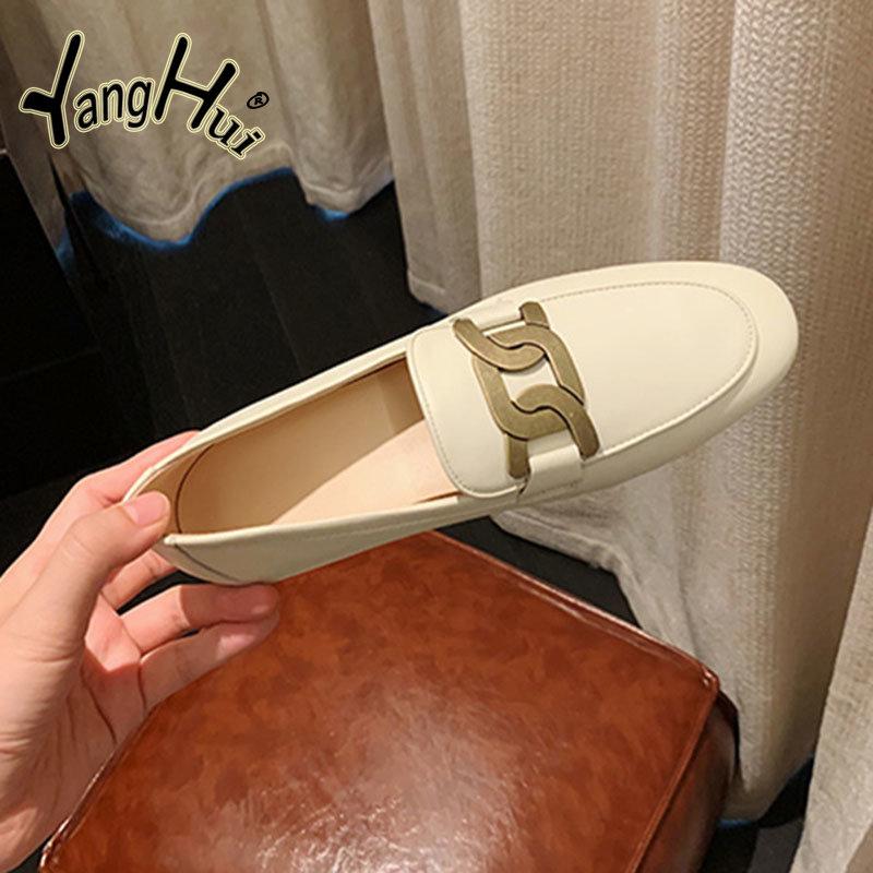 Mary Janes Casual Retro Pumps 2024 New Fashion Artificial Leather Summer Heel Flats Women's Shoes Metal Accessories Pointed Toe