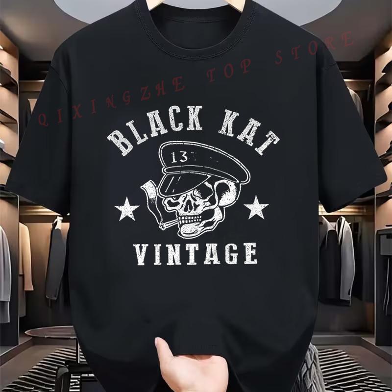 Schönes Moto Totenkopf Schwarze Katze Vintage T-Shirt Lustiges Geschenk für Männer Kurzarm T-Shirts Rundhals Oberteil T-Shirts