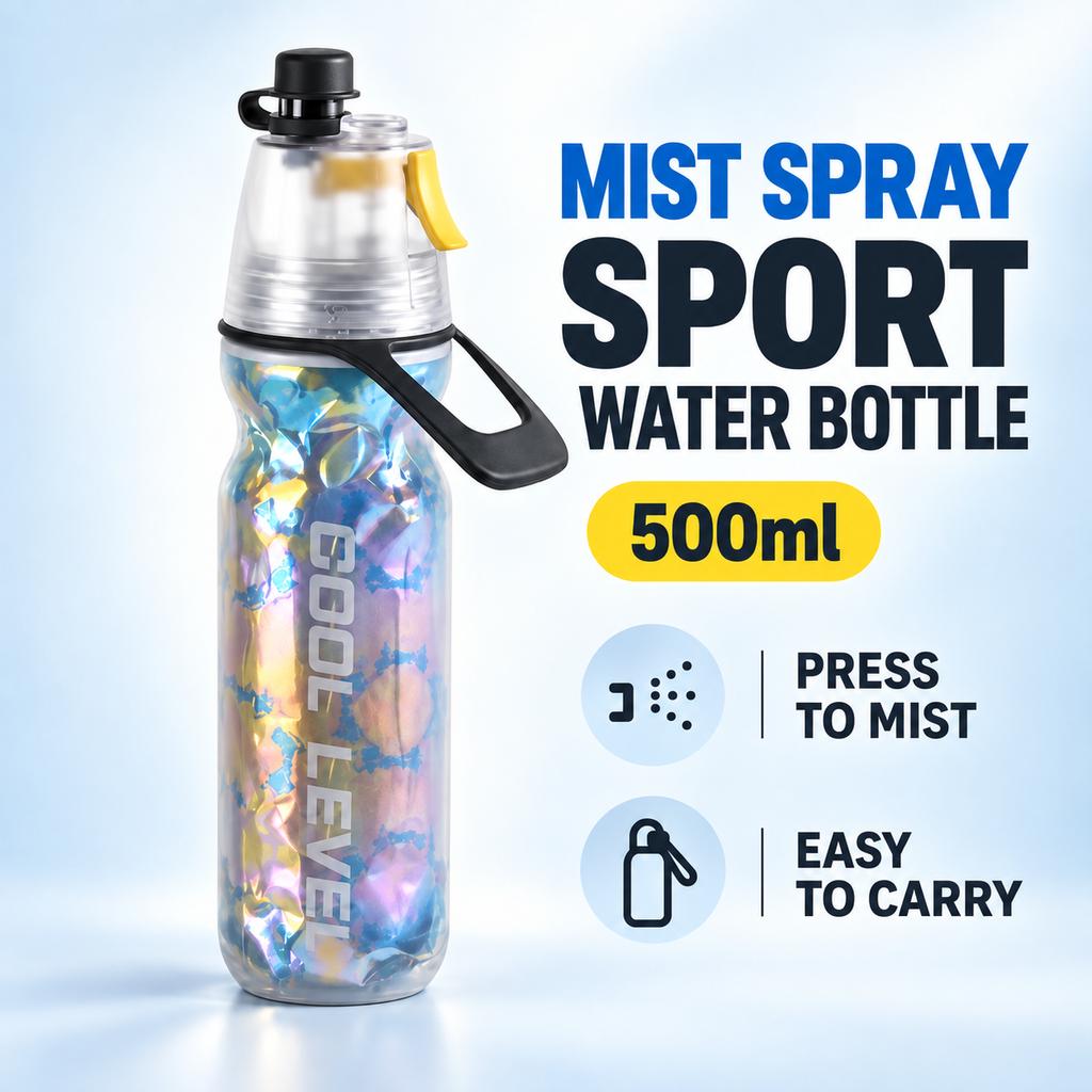 PE Spray Water Bottle 500ml Double-Wall Insulated with Carrying Loop for Sports and Outdoors