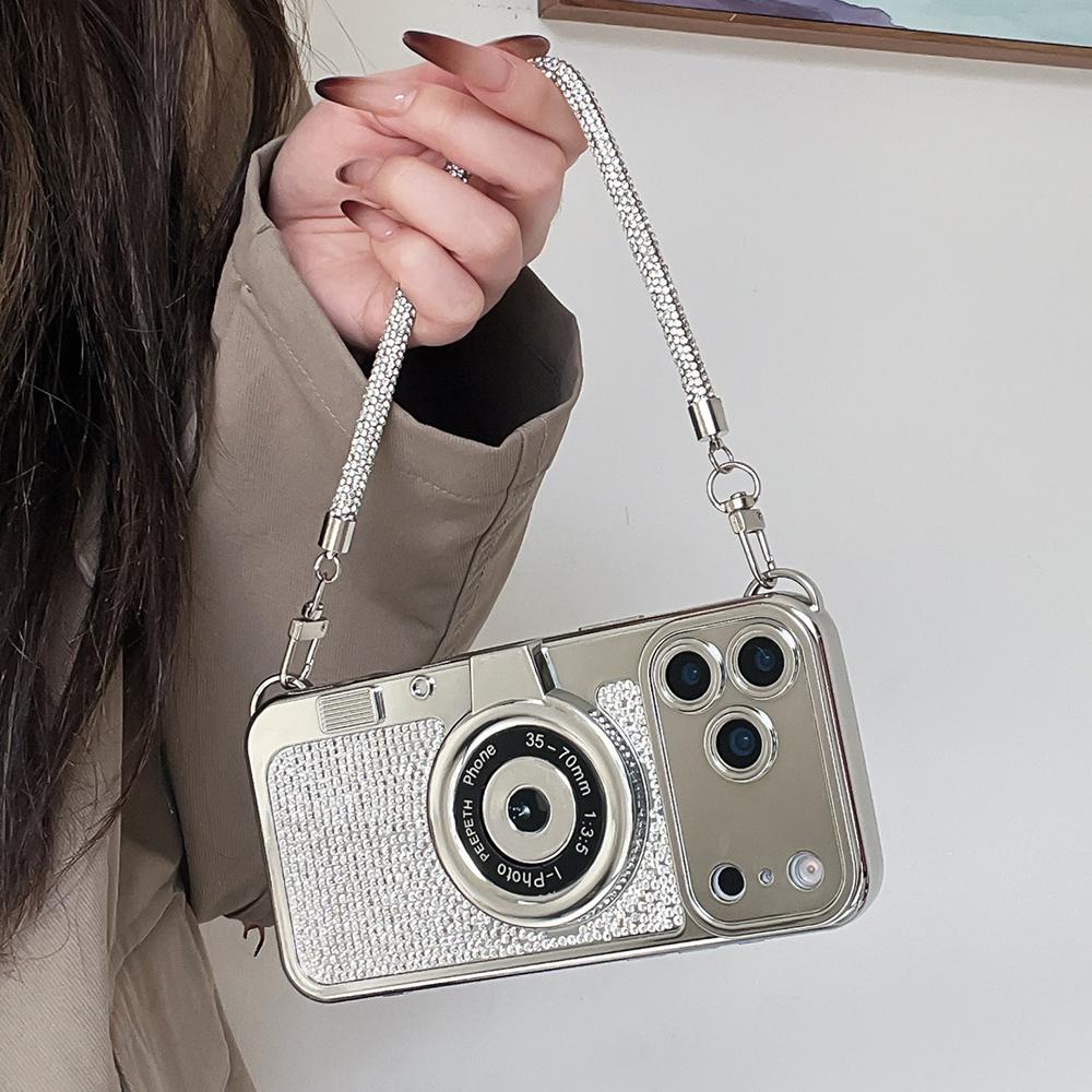 Diamond Camera Pattern Short Hand Rope Phone Case For iPhone 17 16 15 14 13 12 11 Pro Max Soft Shockproof Silicone Cover Girls