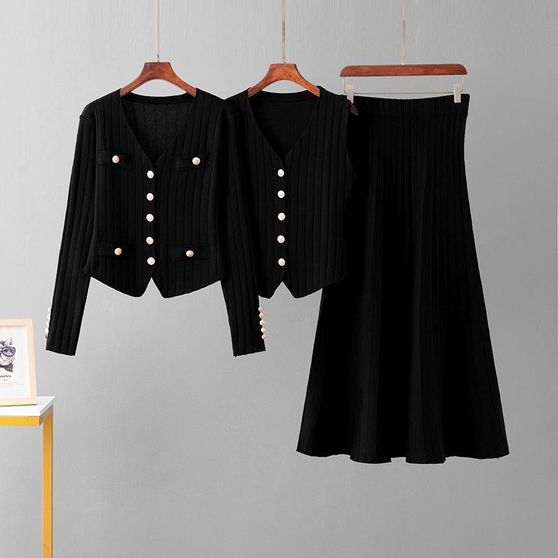 

Женский вязаный кардиган и юбка миди, комплект из двух предметов – повседневный модный наряд в рубчик One Size чёрный