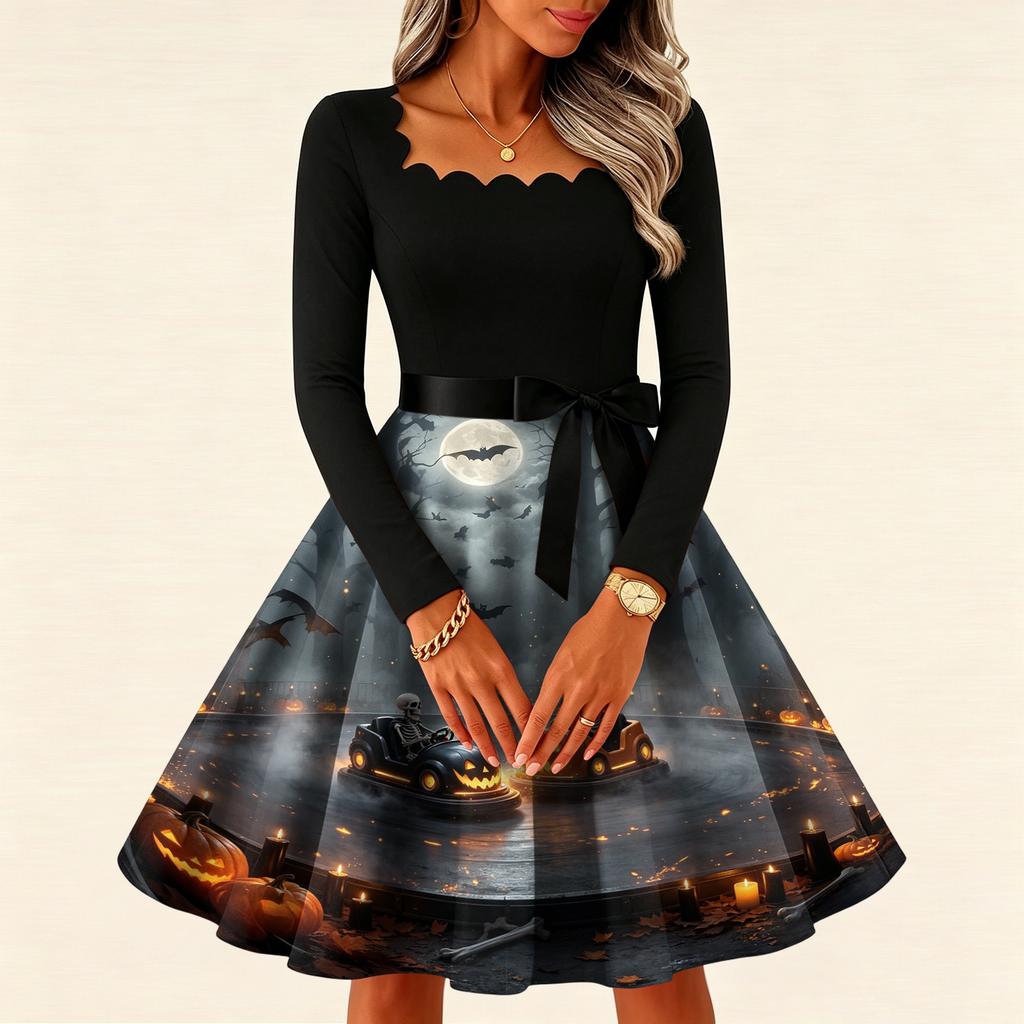 Women's Vintage Long Sleeve Square Neck Halloween Printed Party Dress for Evening Wear