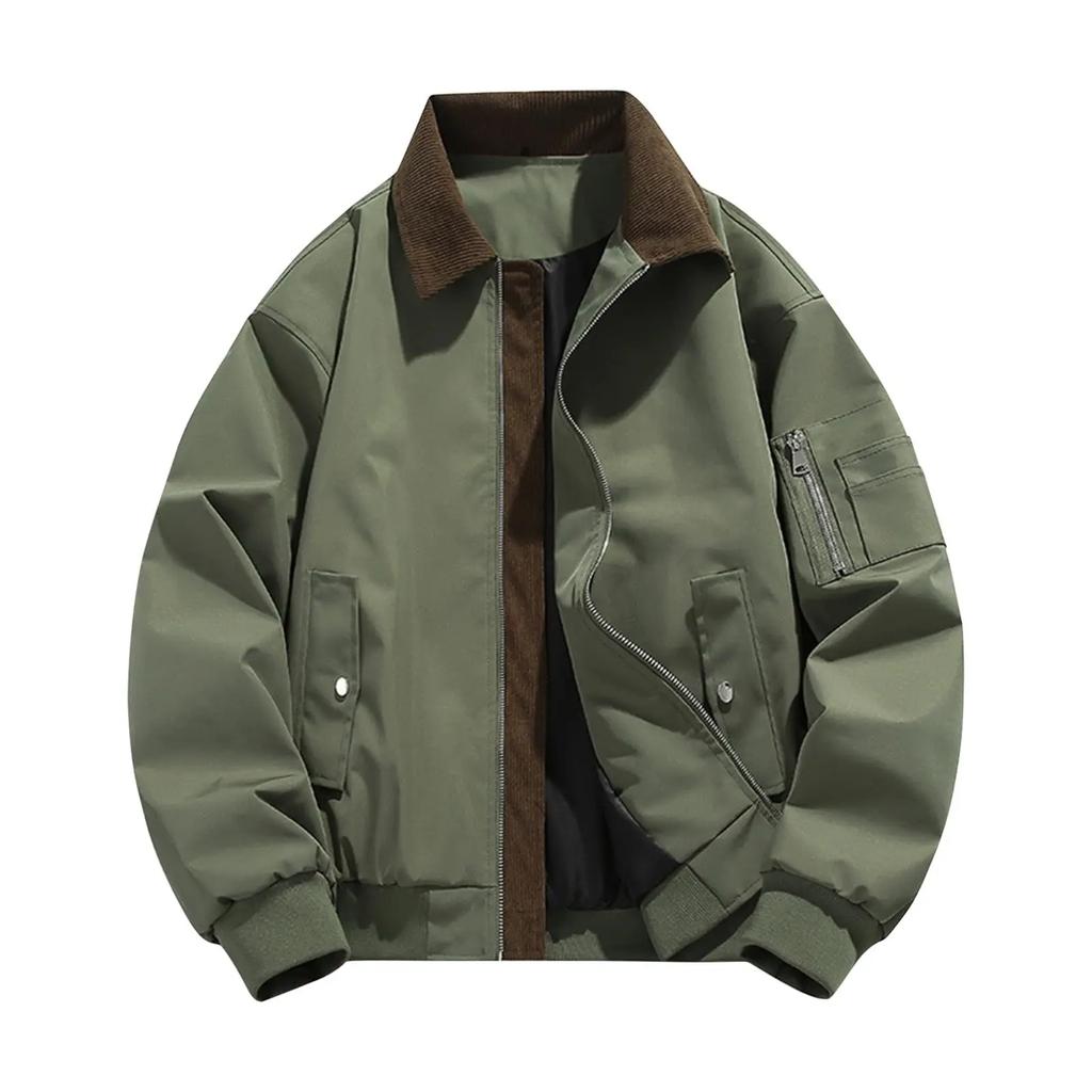 Men's Autumn Winter Turn Down Collar Jacket Solid Color Casual Sports Jacket Full Zipper Lightweight Outdoor Workwear Tops