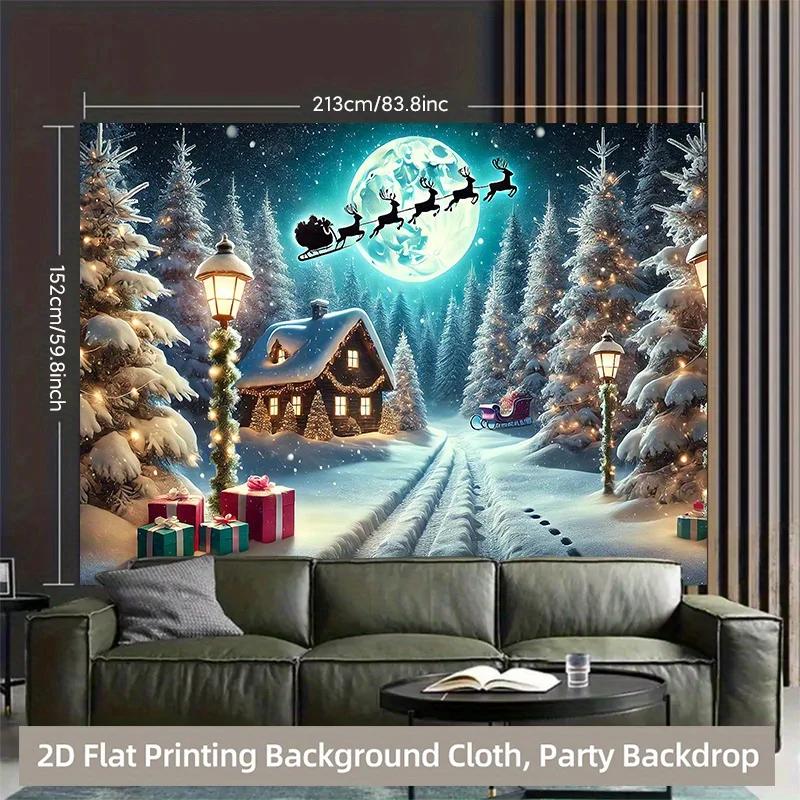 1 piece of 2D background fabric vibrant polyester background fabric of a snowy cabin and Santa Claus hanging fabricZL