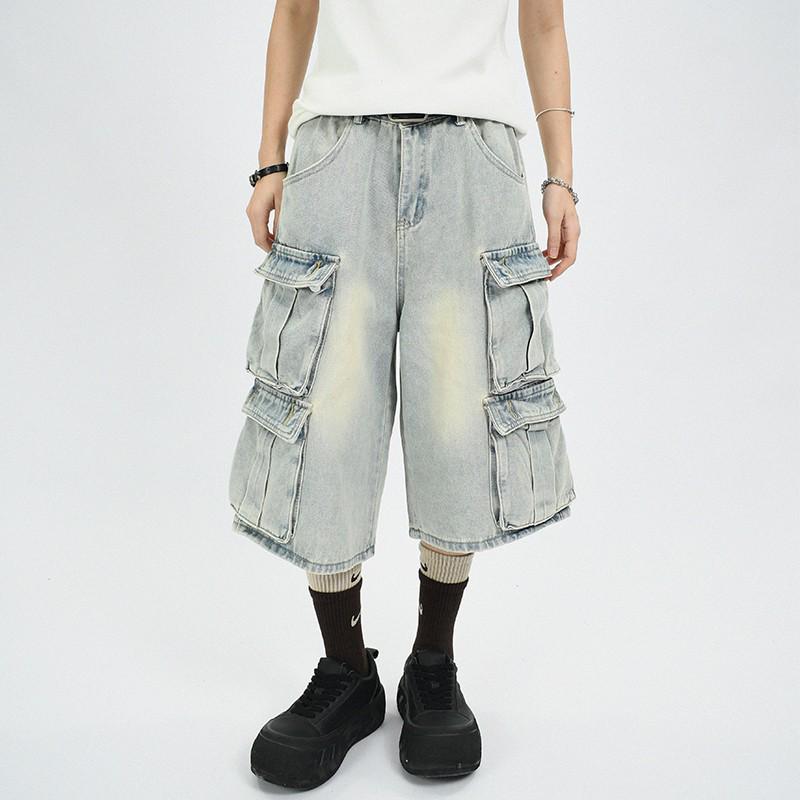 Unisex Vintage Distressed Multi-Pocket Workwear Capri Jeans