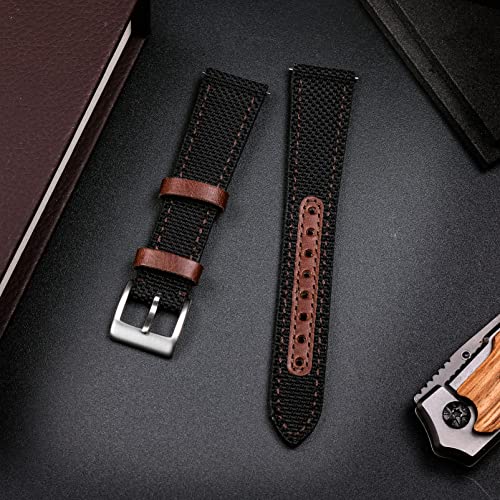 Hemsut Watch Band, Genuine Leather and Nylon Watch Band (22mm Brown + Black), Quick Release Watch Strap, Stainless Steel Silver Watch Buckle. Availabl