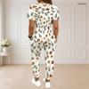 Women Plus Size Two Piece Set Round Neck Short Sleeve White Printed Crop Top Drawstring Cuffed Pants With Pockets