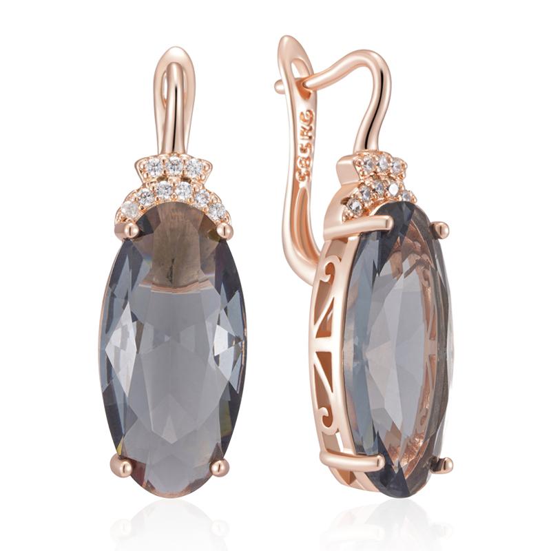 Boucles d'oreilles pendantes ovales grises pour femmes Couleur or rose Avec zircon naturel Haute qualité Bijoux fins quotidiens