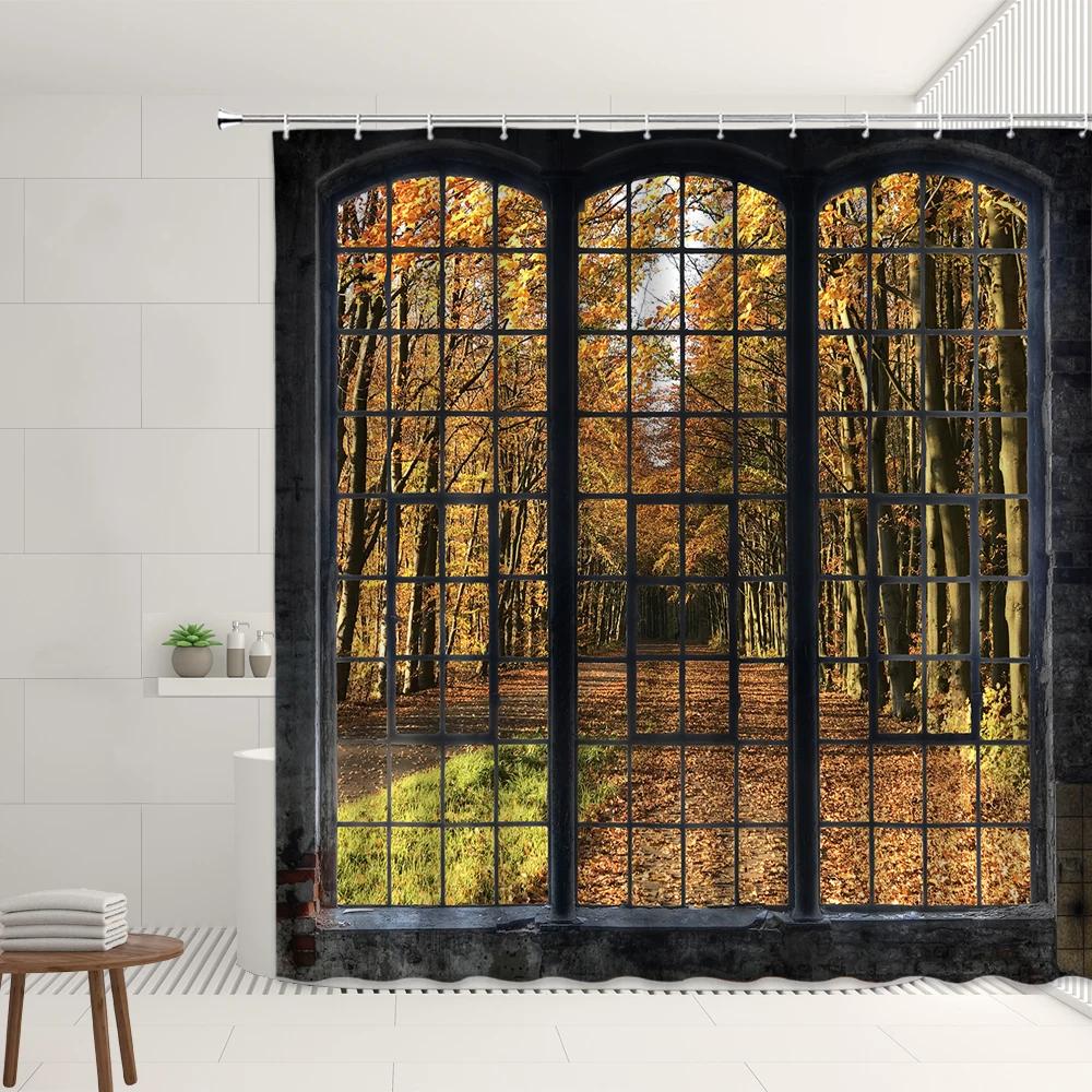 Set Tende da Doccia Finestra Retrò Foresta Autunnale Cascata Strada Vintage Fiore Pianta Architettura Moderna Paesaggio Schermi per Bagno
