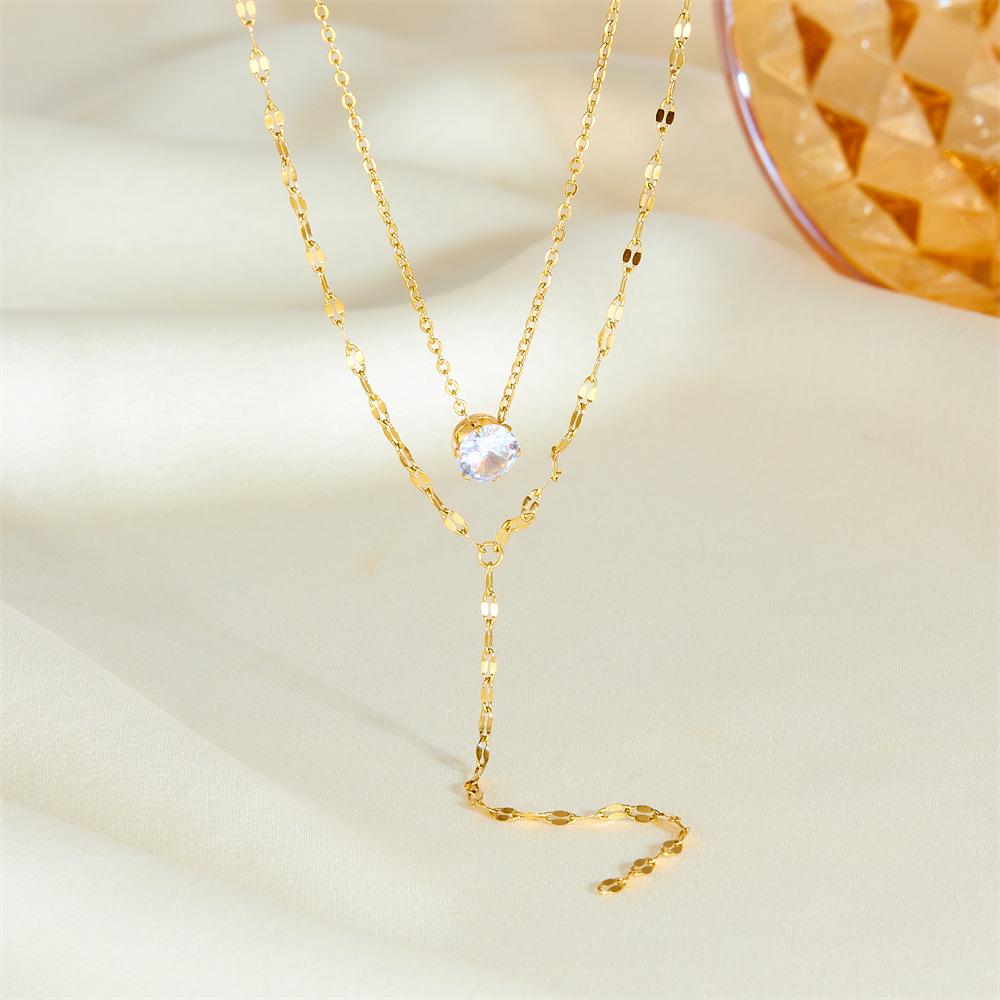 Stainless Steel Double-layer Y-shaped Fringed Flash Diamond Necklace Niche Light Luxury High-grade Collarbone Chain Women's