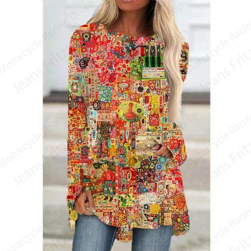 European Pattern 3d Print Women Fashion T-shirt Long Sleeve Tunic Top Casual Long Tops Floral Lady Clothes Y2K