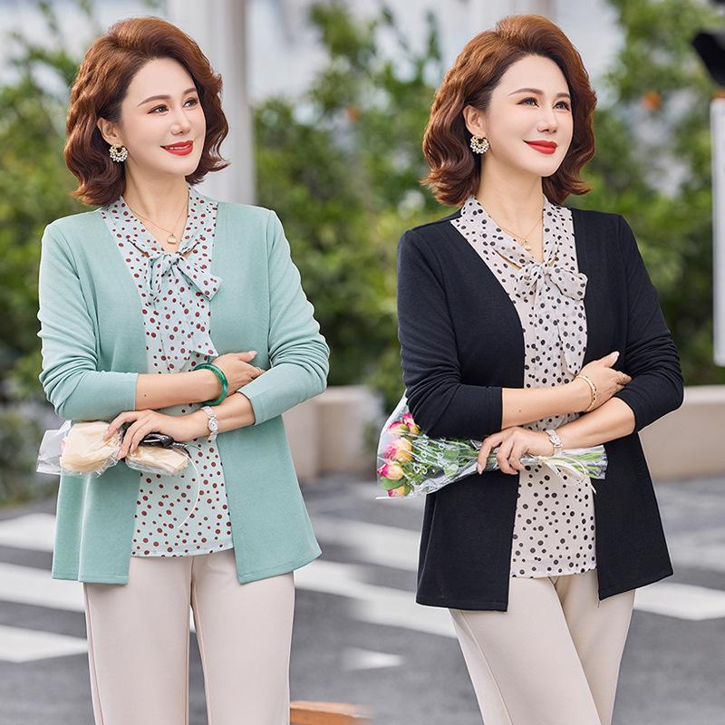 Spring Fashion Knitted Two-Piece Long-Sleeve Shirt for Middle-Aged Women