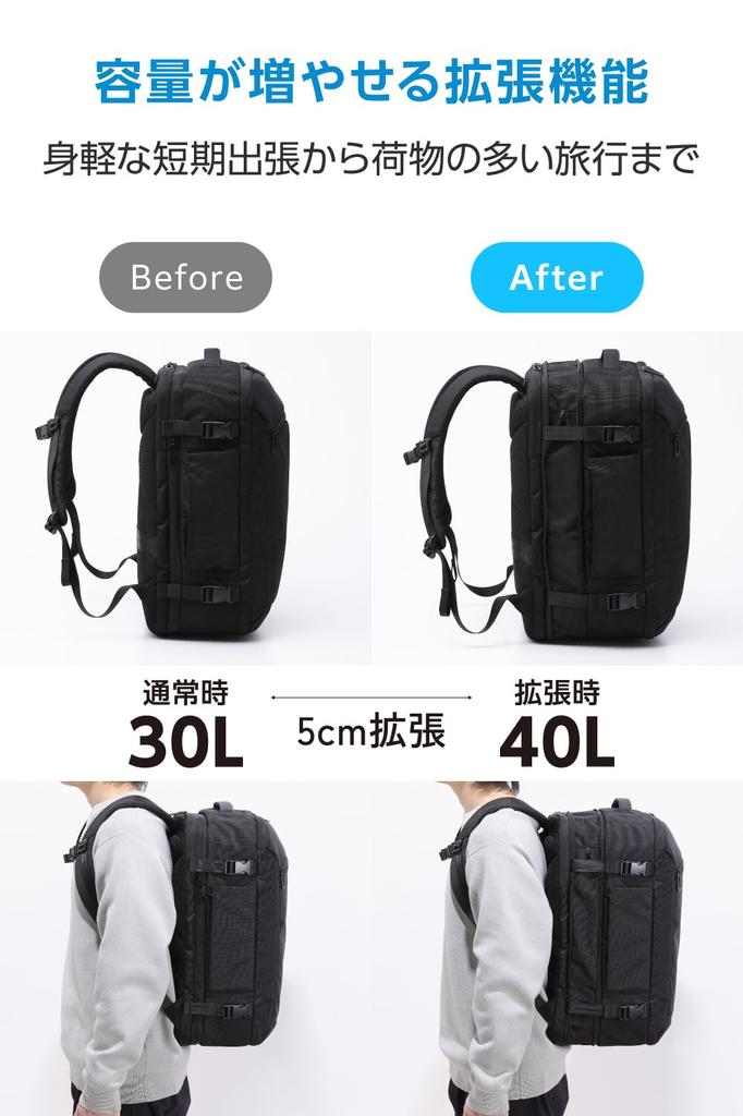 ELECOM Backpack with Expandable Gusset and Compression Function, Perfect for Business Trips, 15.6-inch Capacity, 180° Full Opening, Black,