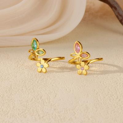 Spring and Summer New Rainbow Zircon Flower Butterfly Ring Women's Gold Titanium Steel Open Ring Jewelry