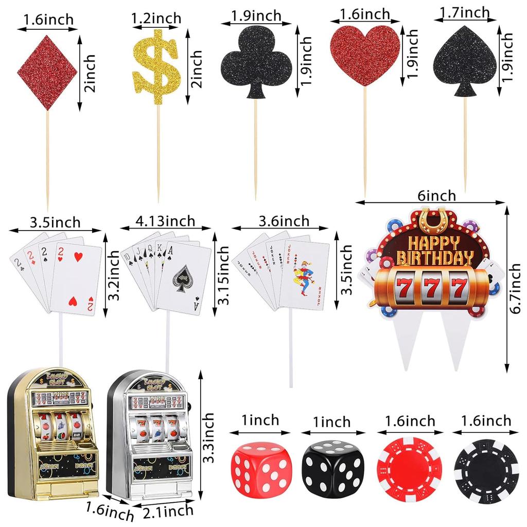 21 Pieces Casino Cake Decorations Set Mini Slot Toy Machine Poker Cake Topper Casino Happy Birthday Cake Topper