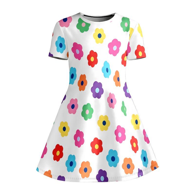 Süßes Ganzseiten Buntes Blumenmuster Mädchen Freizeitkleid mit Einfachem Blumendesign Kurzärmeliges Kleid Geeignet für Geburtstagsgeschenke