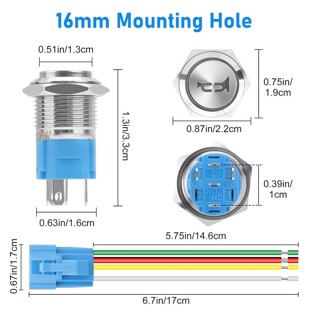 2Pcs Horn Button Switch, 16MM Momentary Push Button Switch LED Metal Horn Speaker for 12V Marine Boat Auto, Blue