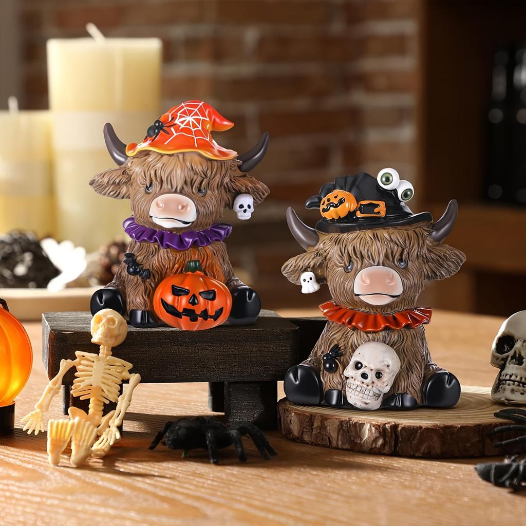 Halloween Highland Cow Holding Skull Pumpkin Resin Statue Festives Home Table Decors Ornament Resin Miniature Sculpture