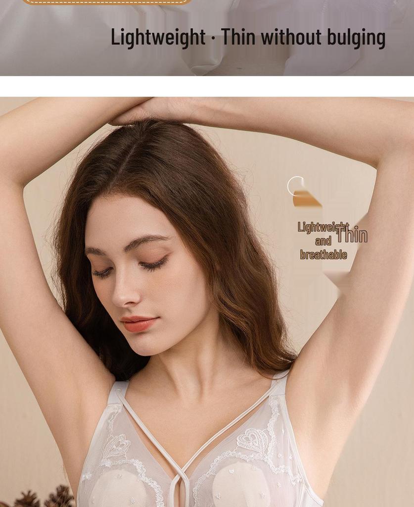 French Style Ultra-Thin Breathable Large Bust Minimizing Push-Up Bra with Soft Underwire and Rabbit Ear Crystal Cup