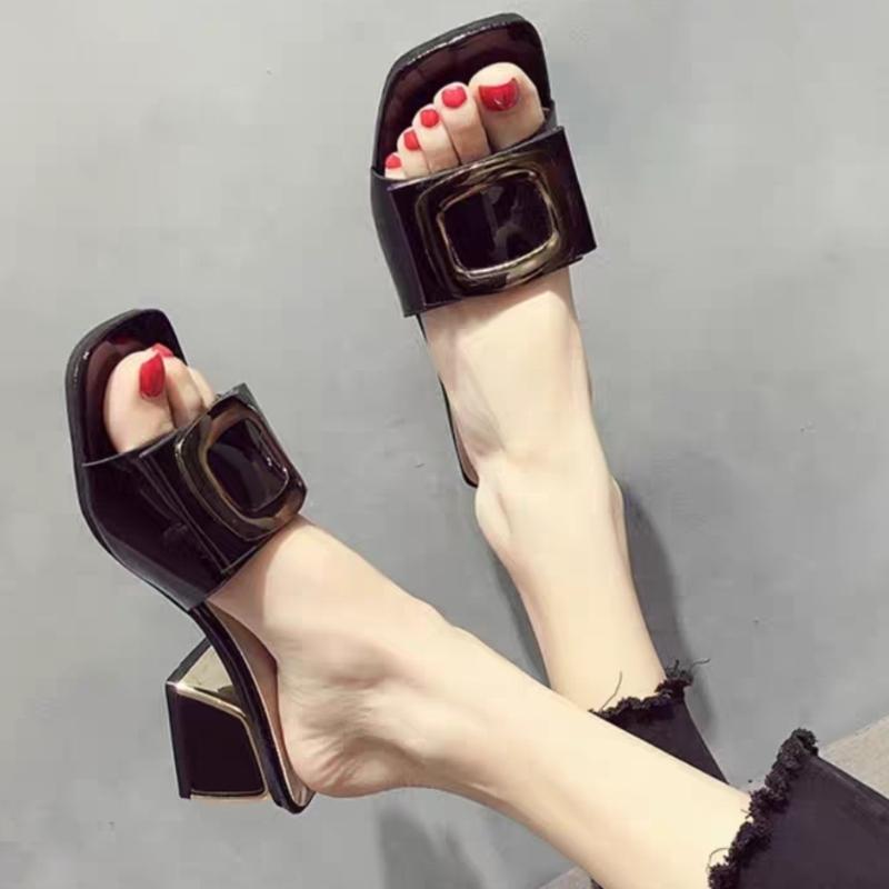 High-heeled Women's Slippers Summer of New Thick-heeled Square Buckle Plus Size Sandals Wear High-value Women's Shoes