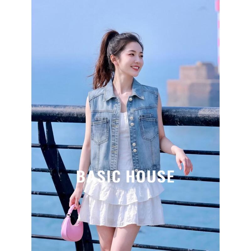 Basic House Women s Polo Collar Denim Vest XL