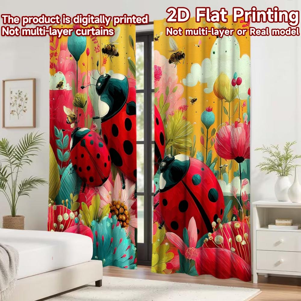 2D flat printing 2pcs Curtain Curtains Spring Ladybugs Garden Digital Printed Polyester Drapes Birthday Party Perfect for Living