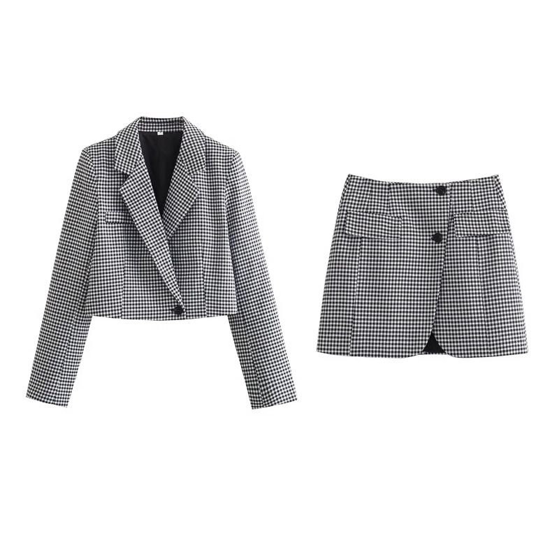 Spring NEW Set Women High Waist A Word Pocket Decoration Skirt One Button Short Houndstooth Blazers