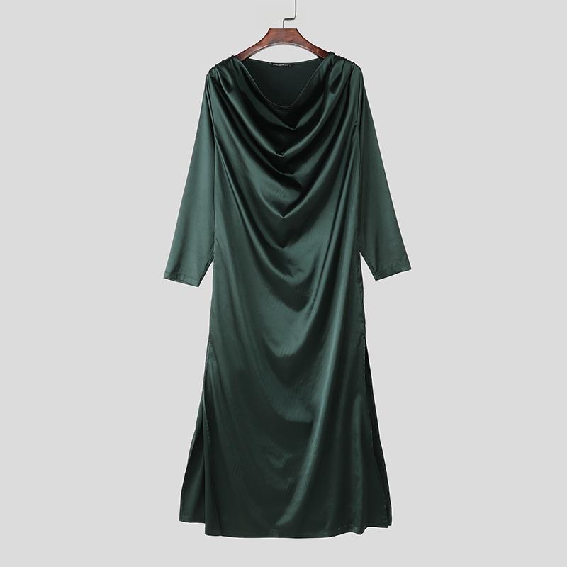 

INCERUN Мужские топы-туники с длинным рукавом, с вырезом-качели, однотонные, атласные, повседневные, свободного кроя 3XL зелёный