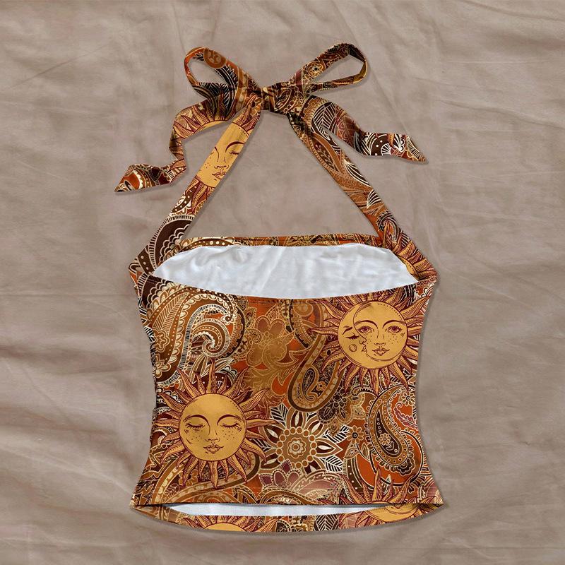 Summer Vintage Bohemian Sun Face Print Halter Neck Fitted Top