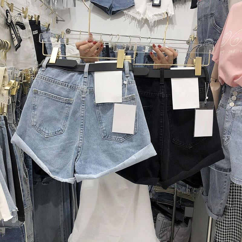 Pantaloni scurți din denim cu model clasic și minimalist, versatil, pentru femei, talie înaltă, vară, secțiune subțire, largi, cu picior larg, margine rulată, un cuvânt, individualitate