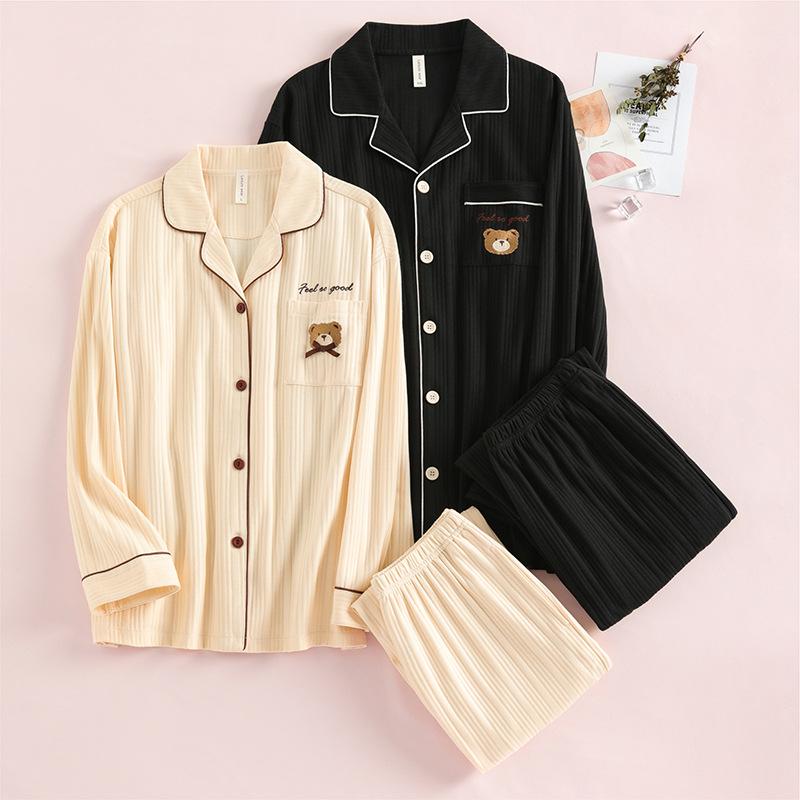 Korean Style Couple Pajamas 2021: 100% Cotton Long Sleeve Homewear for Women & Men - Spring, Autumn, Winter