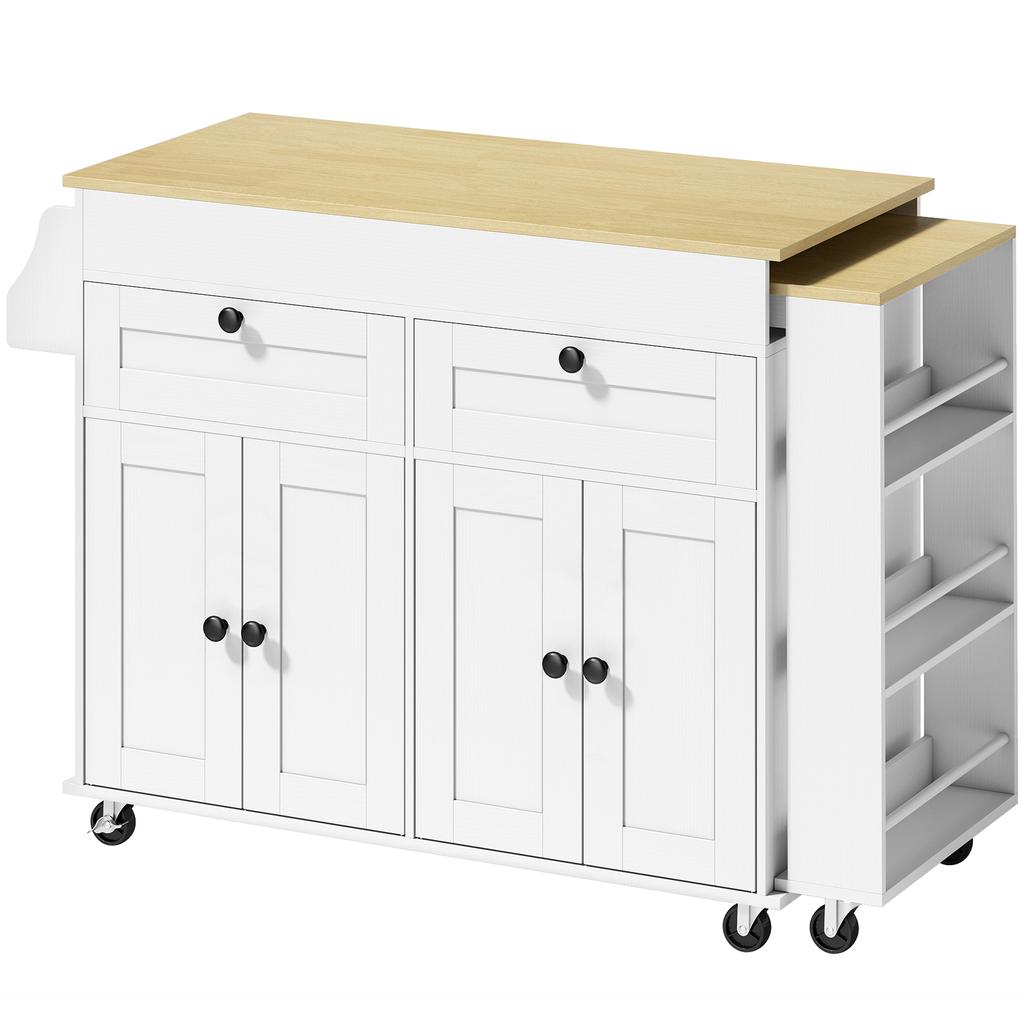 Kitchen Island with Extendable Top, Trolley on Casters, 2 Drawers, 4 Doors, White