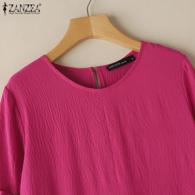 ZANZEA Women Casual Round Neck Solid Color Loose Half Sleeve Dress