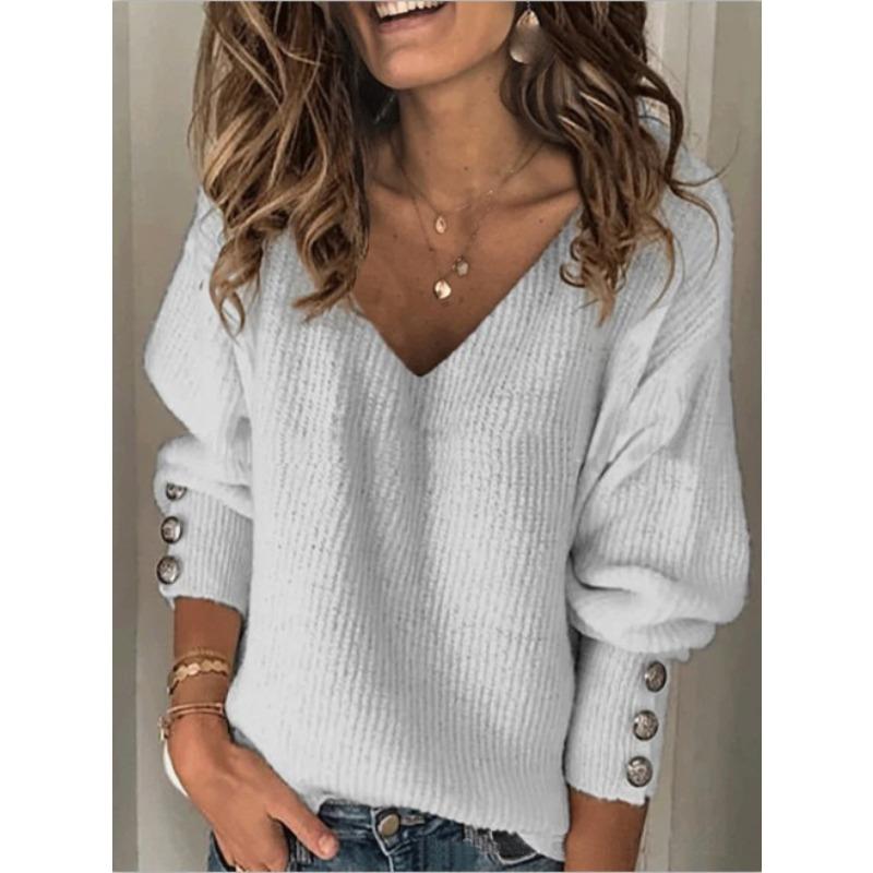 QICED Women's Fashion Casual Solid Color Print Long Sleeve V Neck Blouses & Shirts