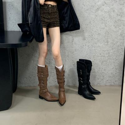 Vintage Niche Small Boots Brown Western Cowboy Boots Early Autumn Thick Heel Women's Boots Belt Buckle High Boots